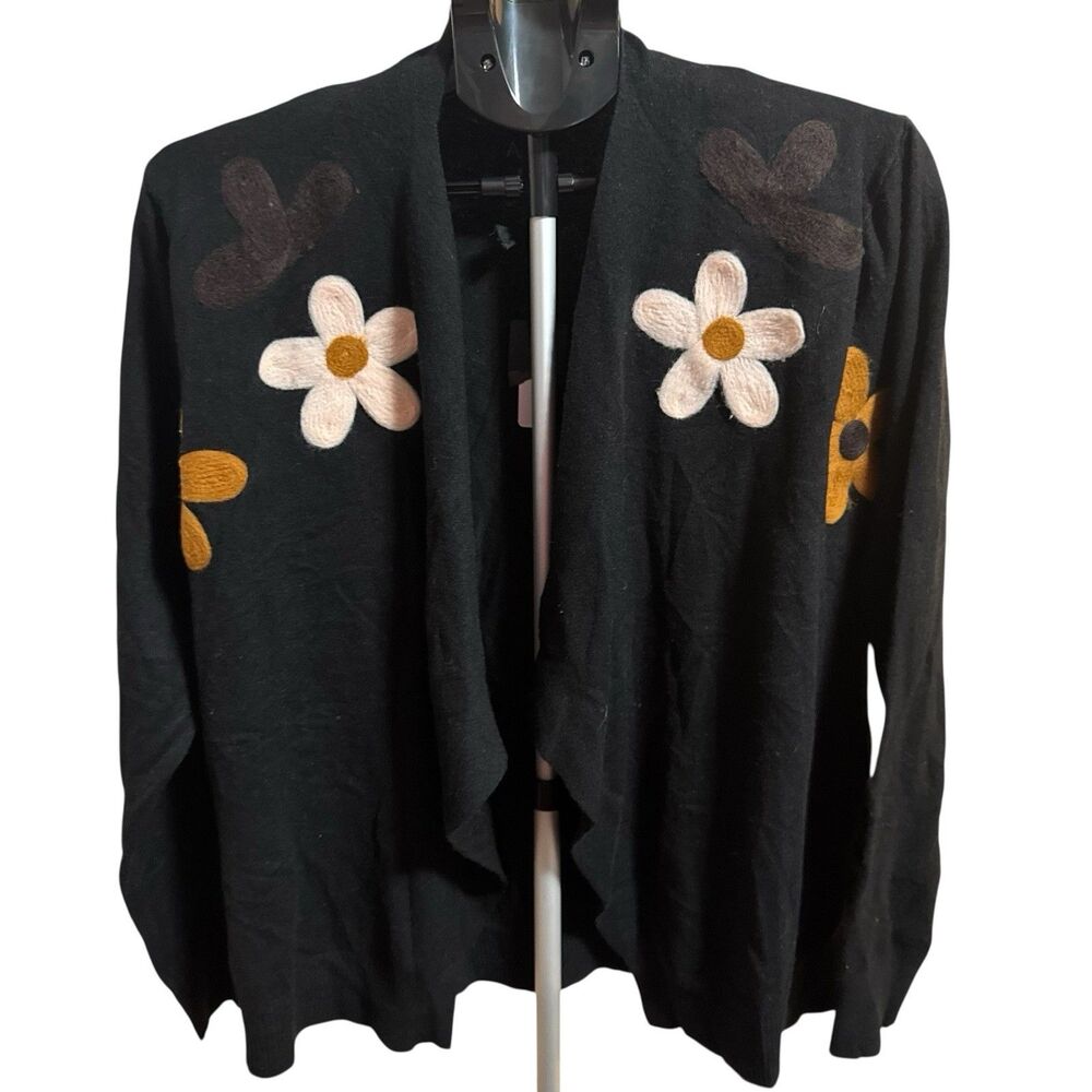 NWT Aaeda Black Embroidered Cardigan‎ Sweater Flowers XL Cozy Soft Floral